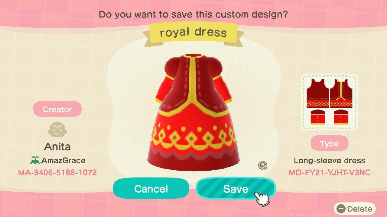 Animal Crossing Design Code: MO-FY21-YJHT-V3NC Royal dress