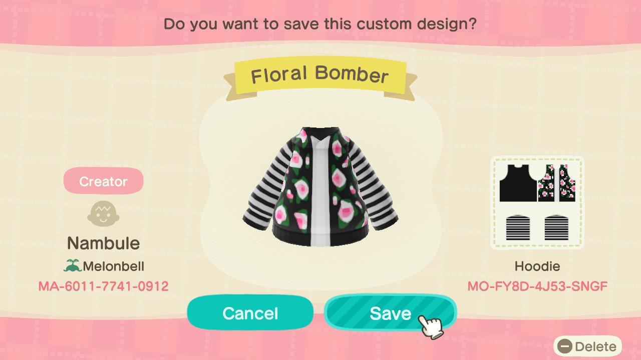 Animal Crossing Design Code: MO-FY8D-4J53-SNGF Floral Bomber