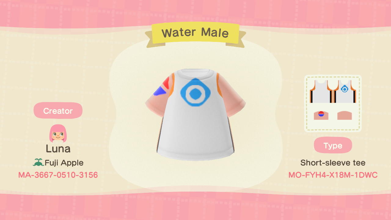 Animal Crossing Design Code: MO-FYH4-X18M-1DWC Water Male
