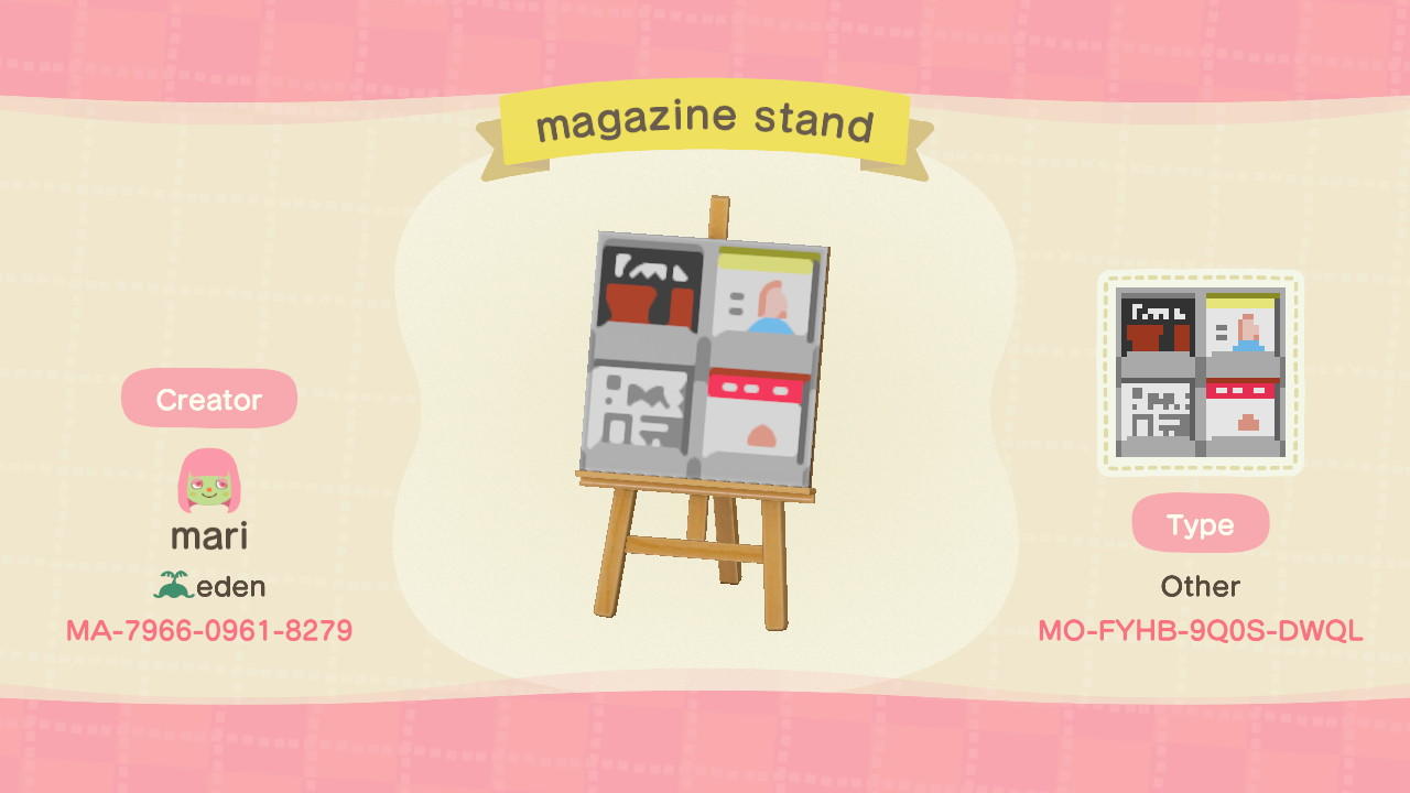 Animal Crossing Design Code: MO-FYHB-9Q0S-DWQL Magazine stand
