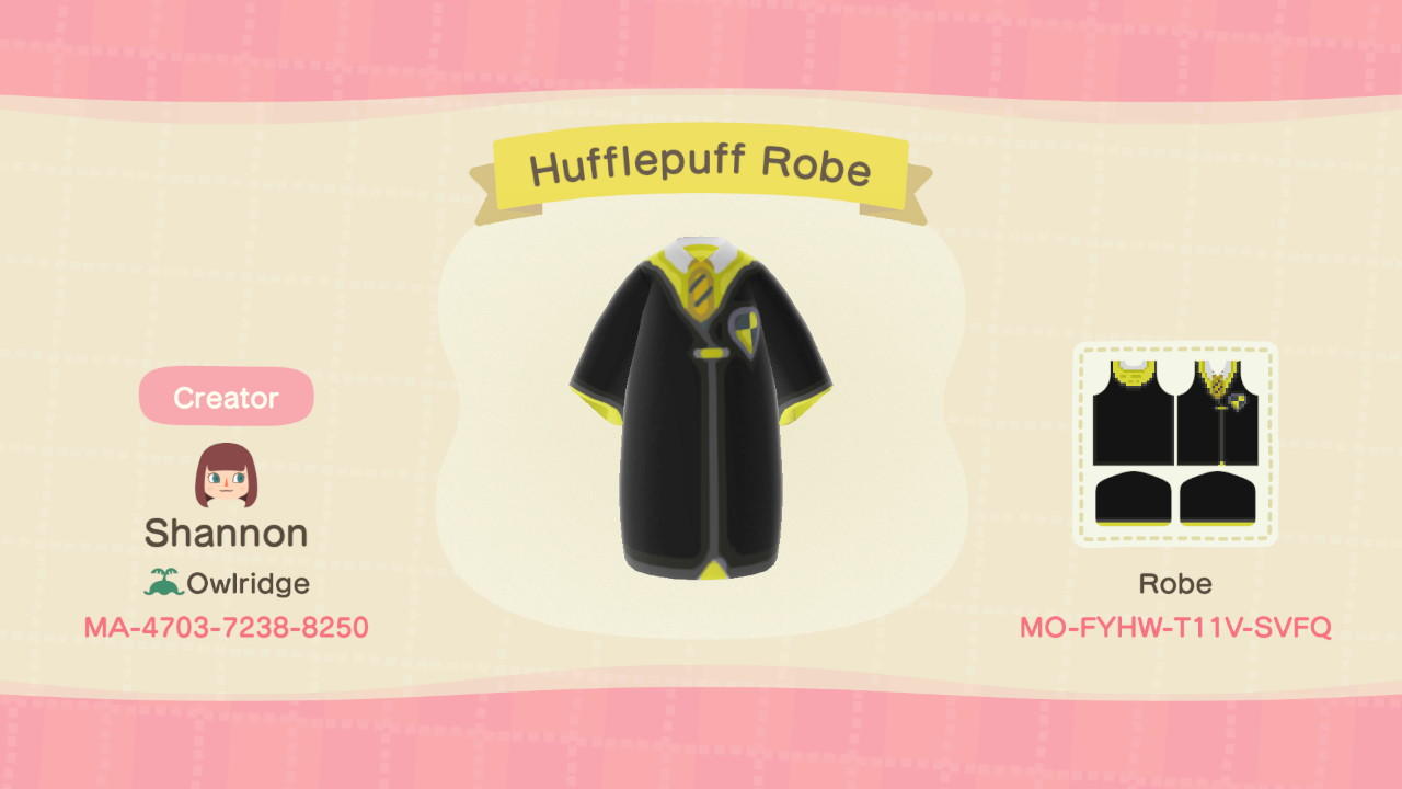Animal Crossing Design Code: MO-FYHW-T11V-SVFQ Hufflepuff Robe