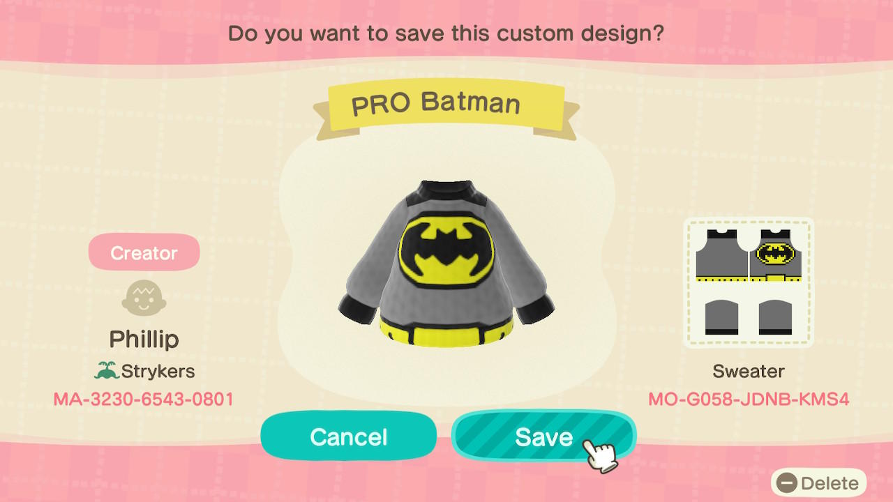 Animal Crossing Design Code: MO-G058-JDNB-KMS4 PRO Batman