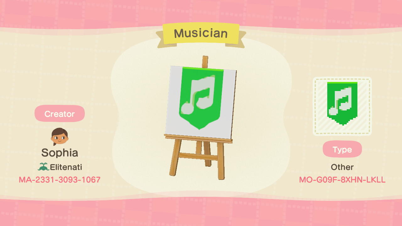 Animal Crossing Design Code: MO-G09F-8XHN-LKLL Musician