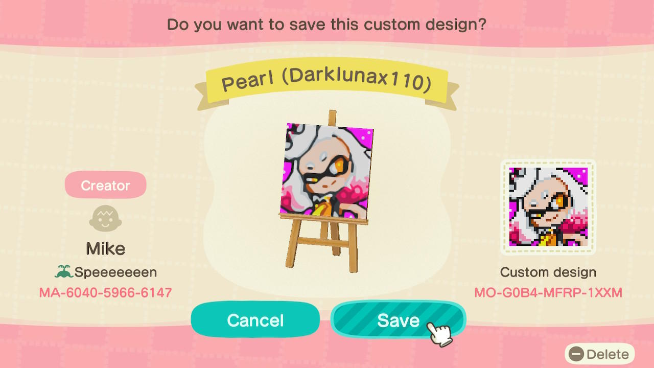 Animal Crossing Design Code: MO-G0B4-MFRP-1XXM Pearl (Darklunax110)
