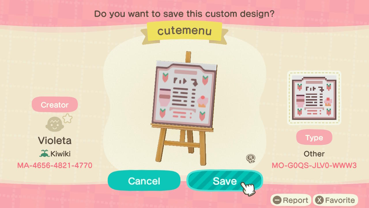 Animal Crossing Design Code: MO-G0QS-JLV0-WWW3 CuteMenu
