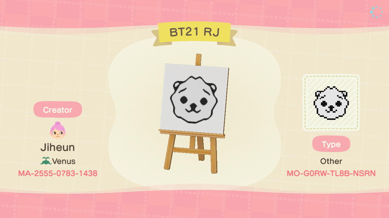 Animal Crossing Design Code: MO-G0RW-TL8B-NSRN BT21 RJ