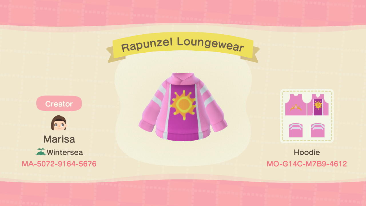 Animal Crossing Design Code: MO-G14C-M7B9-4612 Rapunzel Loungewear