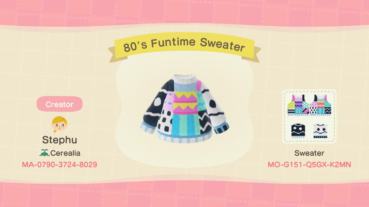 Animal Crossing Design Code: MO-G151-Q5GX-K2MN 80s Funtime Sweater
