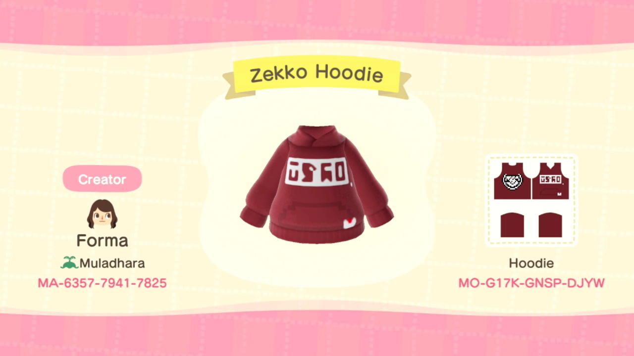 Animal Crossing Design Code: MO-G17K-GNSP-DJYW Zekko Hoodie