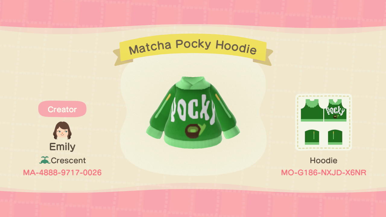Animal Crossing Design Code: MO-G186-NXJD-X6NR Matcha Pocky Hoodie