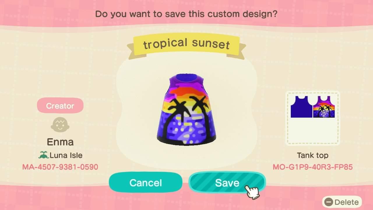 Animal Crossing Design Code: MO-G1P9-40R3-FP85 Tropical sunset tank