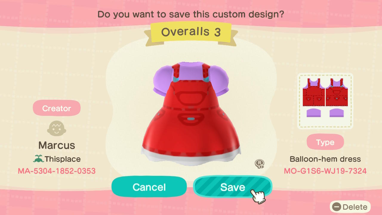 Animal Crossing Design Code: MO-G1S6-WJ19-7324 Overalls 3