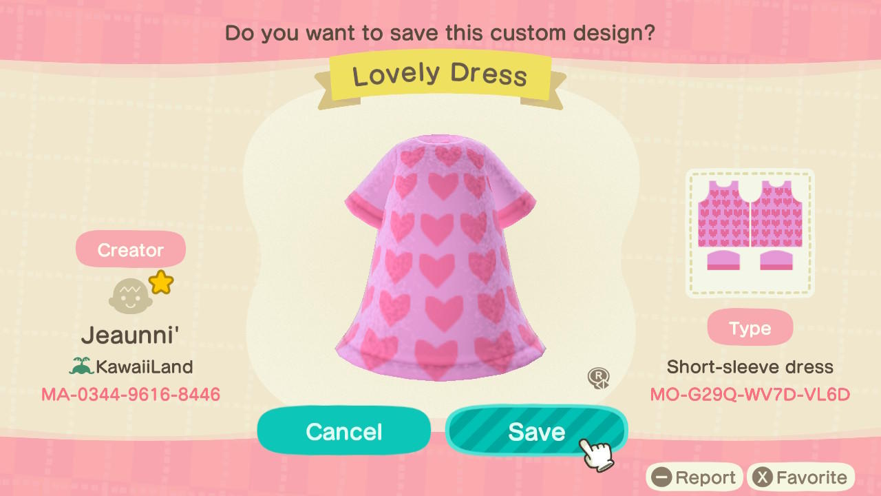 Animal Crossing Design Code: MO-G29Q-WV7D-VL6D Lovely Dress