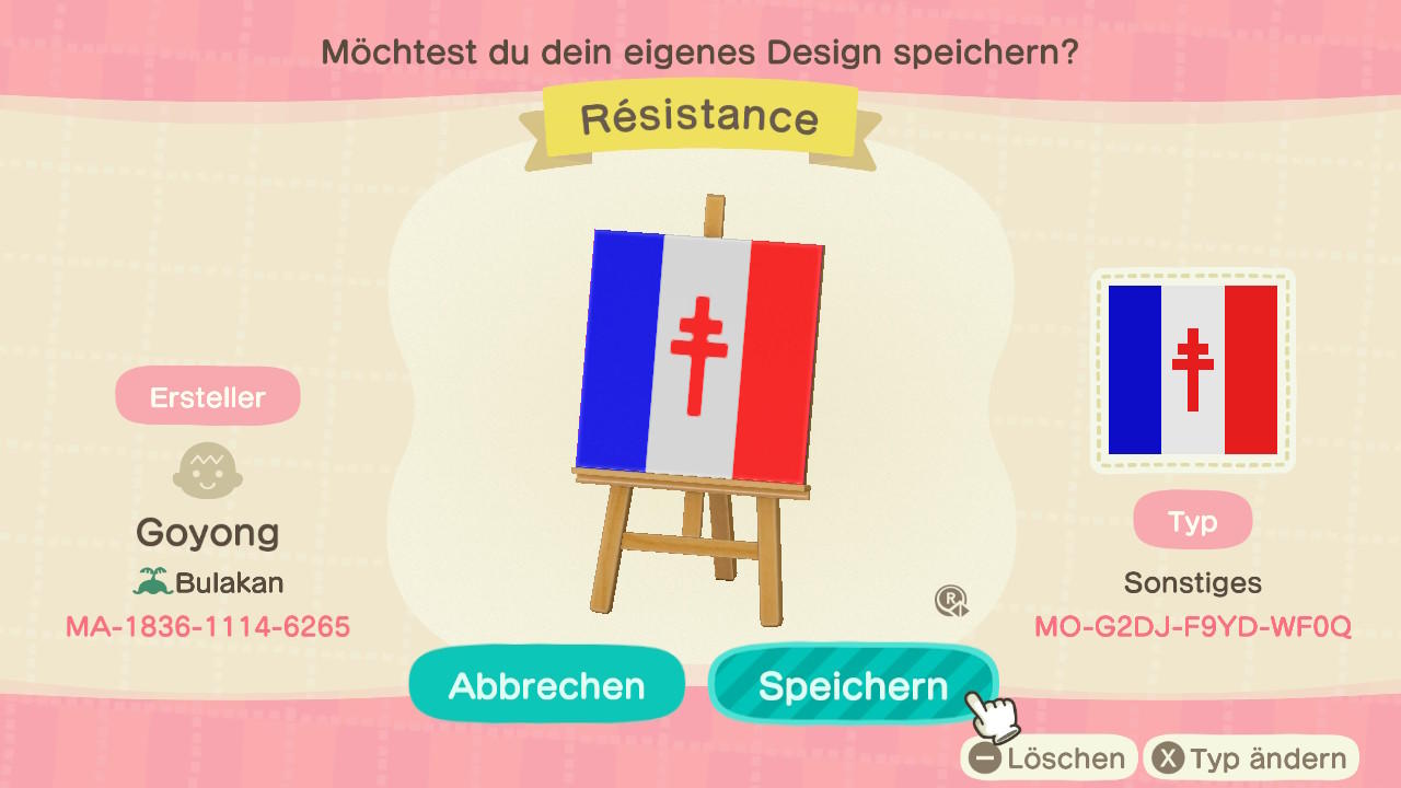 Animal Crossing Design Code: MO-G2DJ-F9YD-WF0Q Résistance (France)