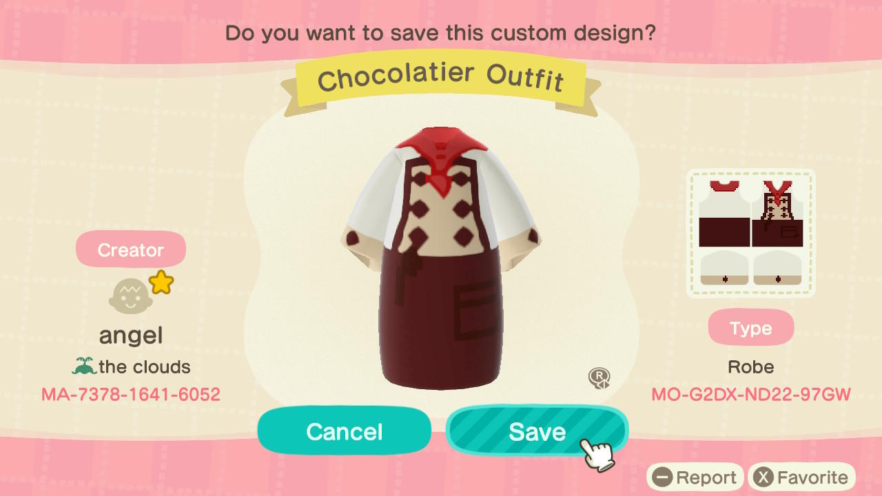 Animal Crossing Design Code: MO-G2DX-ND22-97GW Chocolatier Outfit