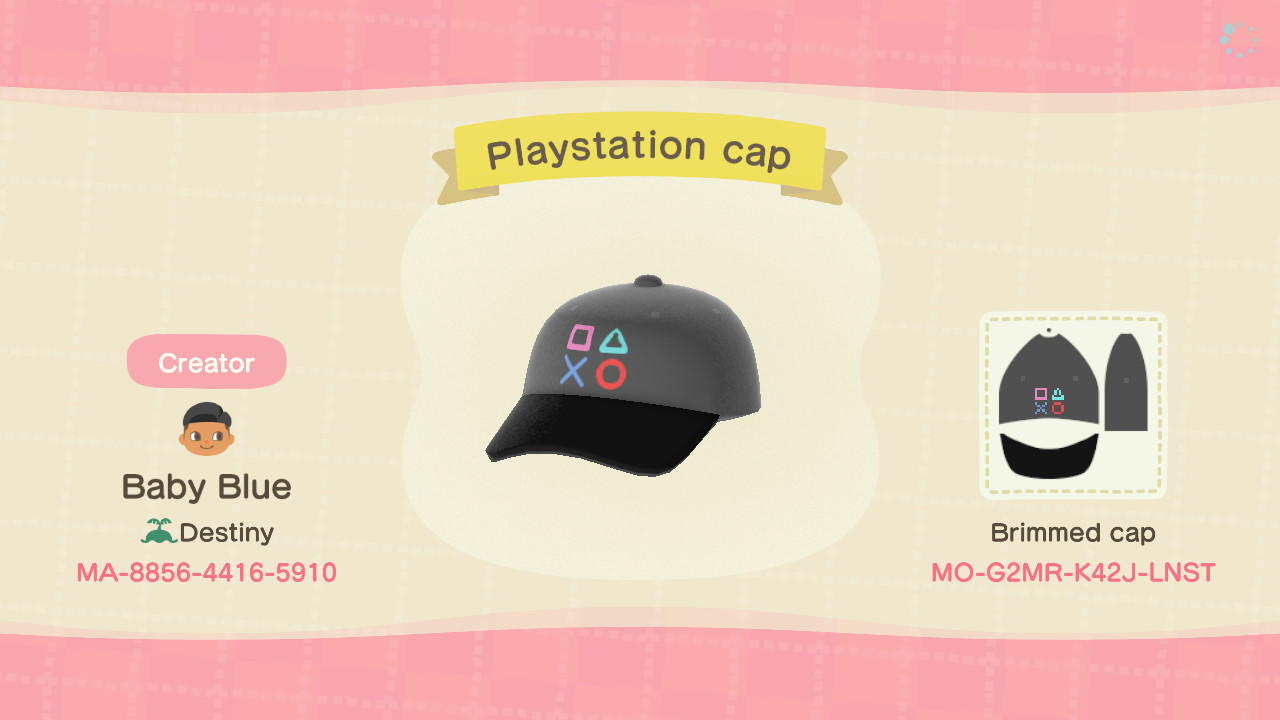 Animal Crossing Design Code: MO-G2MR-K42J-LNST PlayStation cap