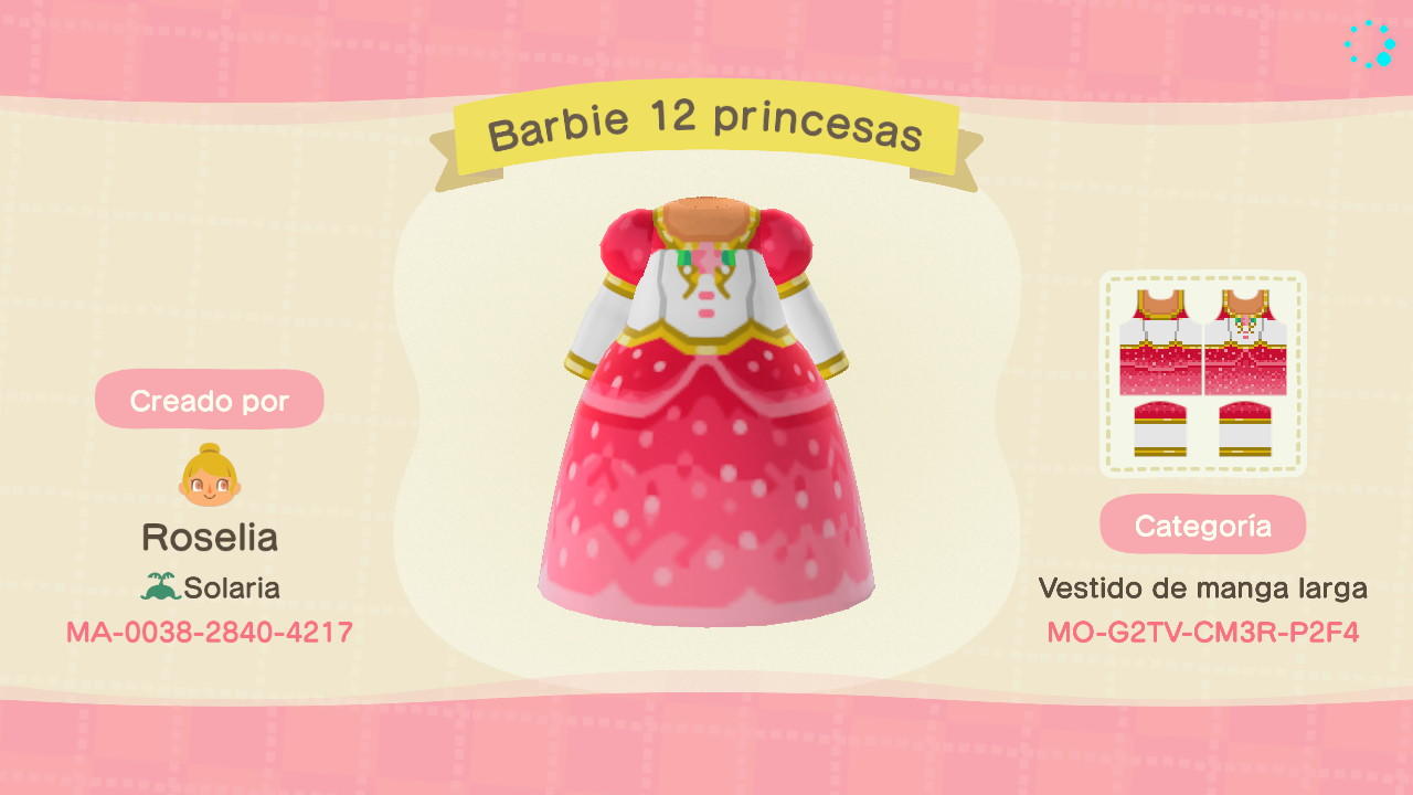Animal Crossing Design Code: MO-G2TV-CM3R-P2F4 Barbie 12 princesas