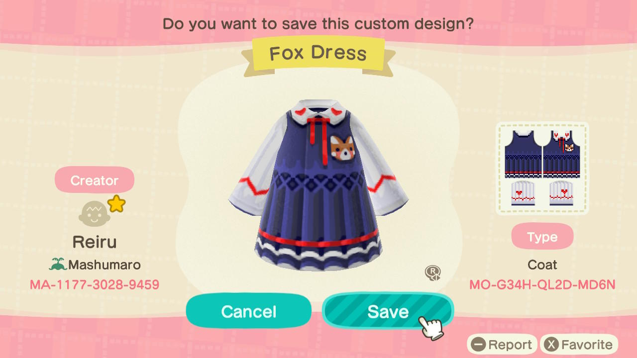 Animal Crossing Design Code: MO-G34H-QL2D-MD6N Fox Dress