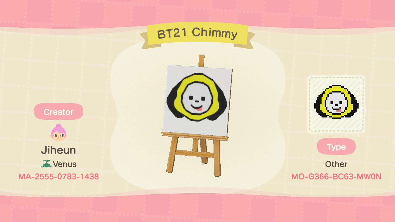 Animal Crossing Design Code: MO-G366-BC63-MW0N BT21 Chimmy