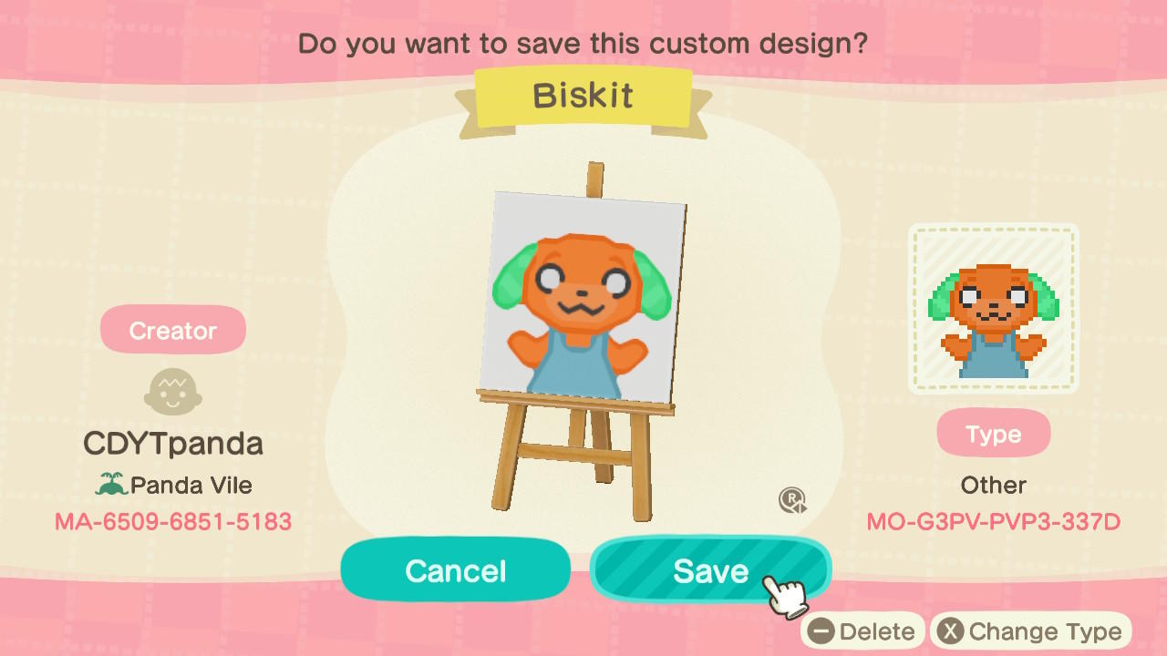 Animal Crossing Design Code: MO-G3PV-PVP3-337D Biskit