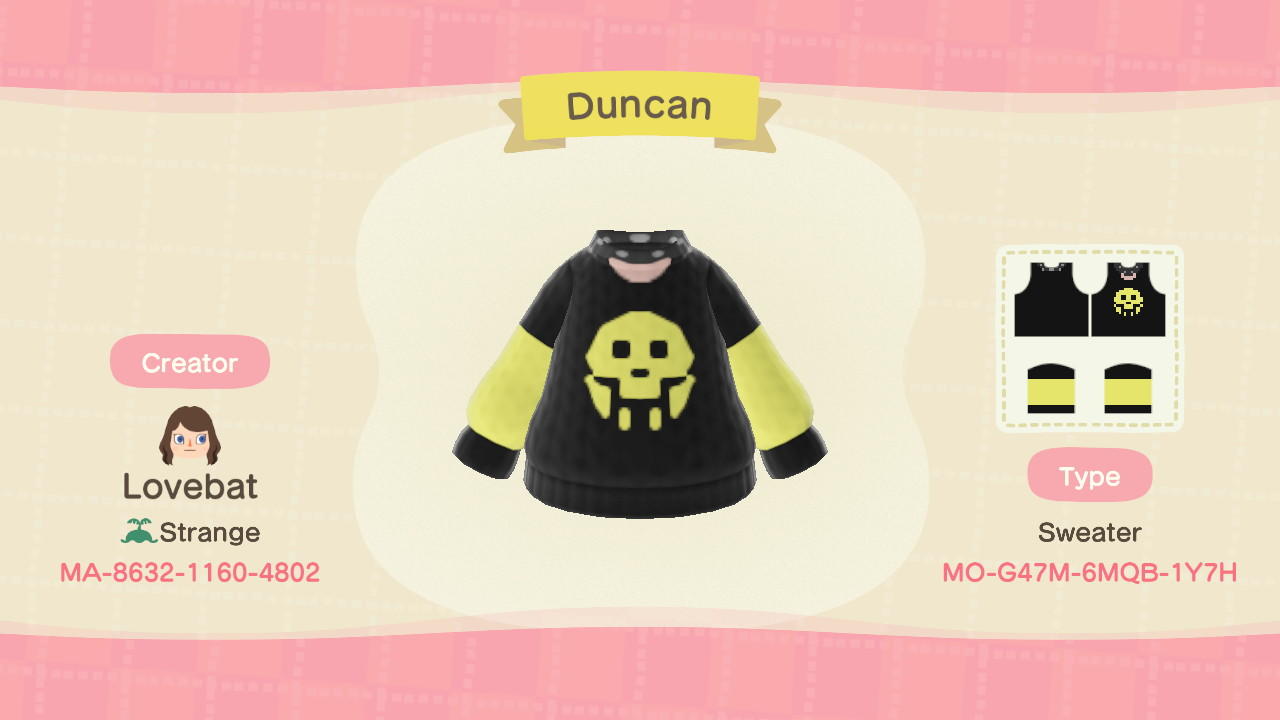Animal Crossing Design Code: MO-G47M-6MQB-1Y7H Duncan