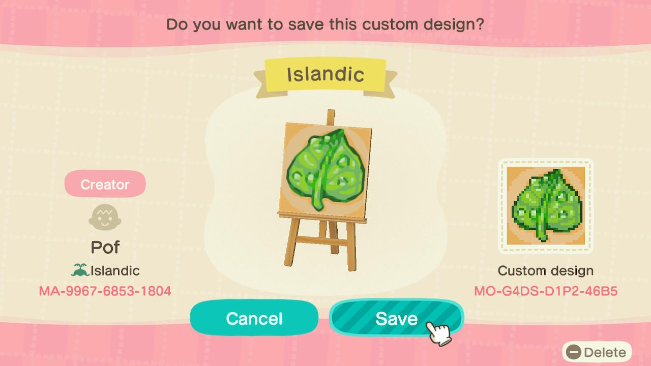 Animal Crossing Design Code: MO-G4DS-D1P2-46B5 Islandic
