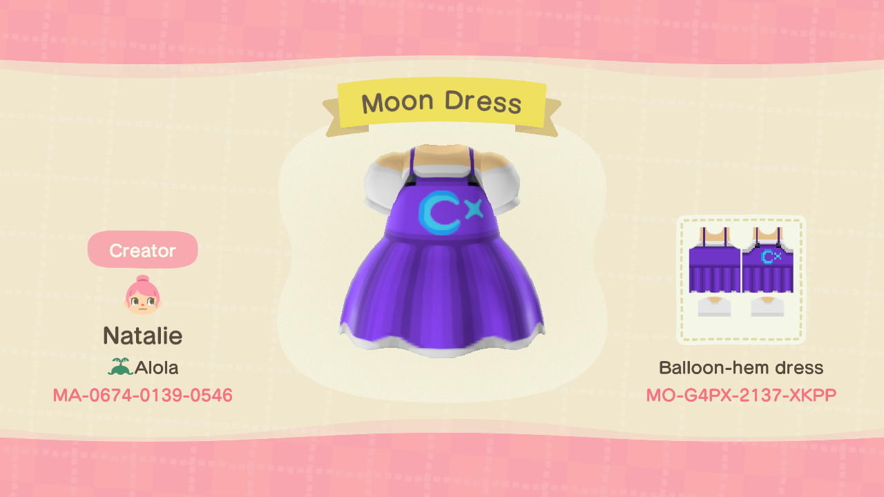 Animal Crossing Design Code: MO-G4PX-2137-XKPP Moon Dress