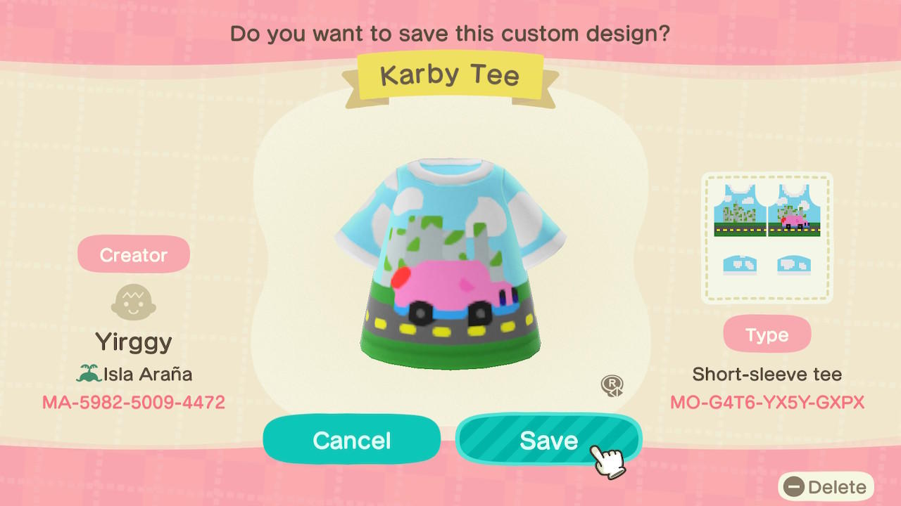 Animal Crossing Design Code: MO-G4T6-YX5Y-GXPX Karby Tee