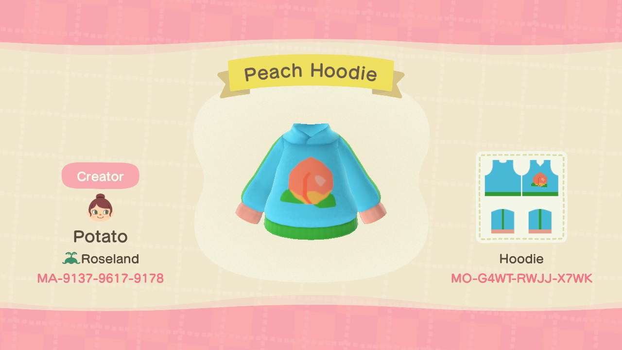 Animal Crossing Design Code: MO-G4WT-RWJJ-X7WK Peach Hoodie