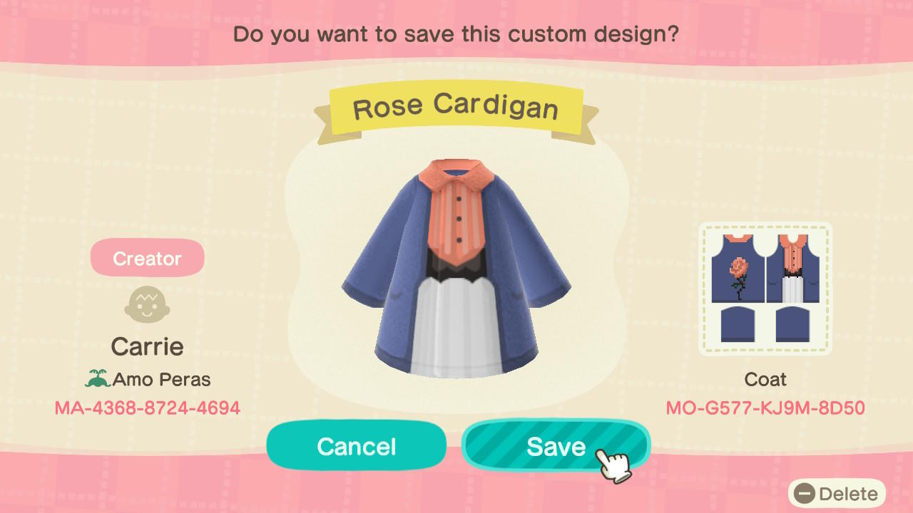 Animal Crossing Design Code: MO-G577-KJ9M-8D50 Rose Cardigan