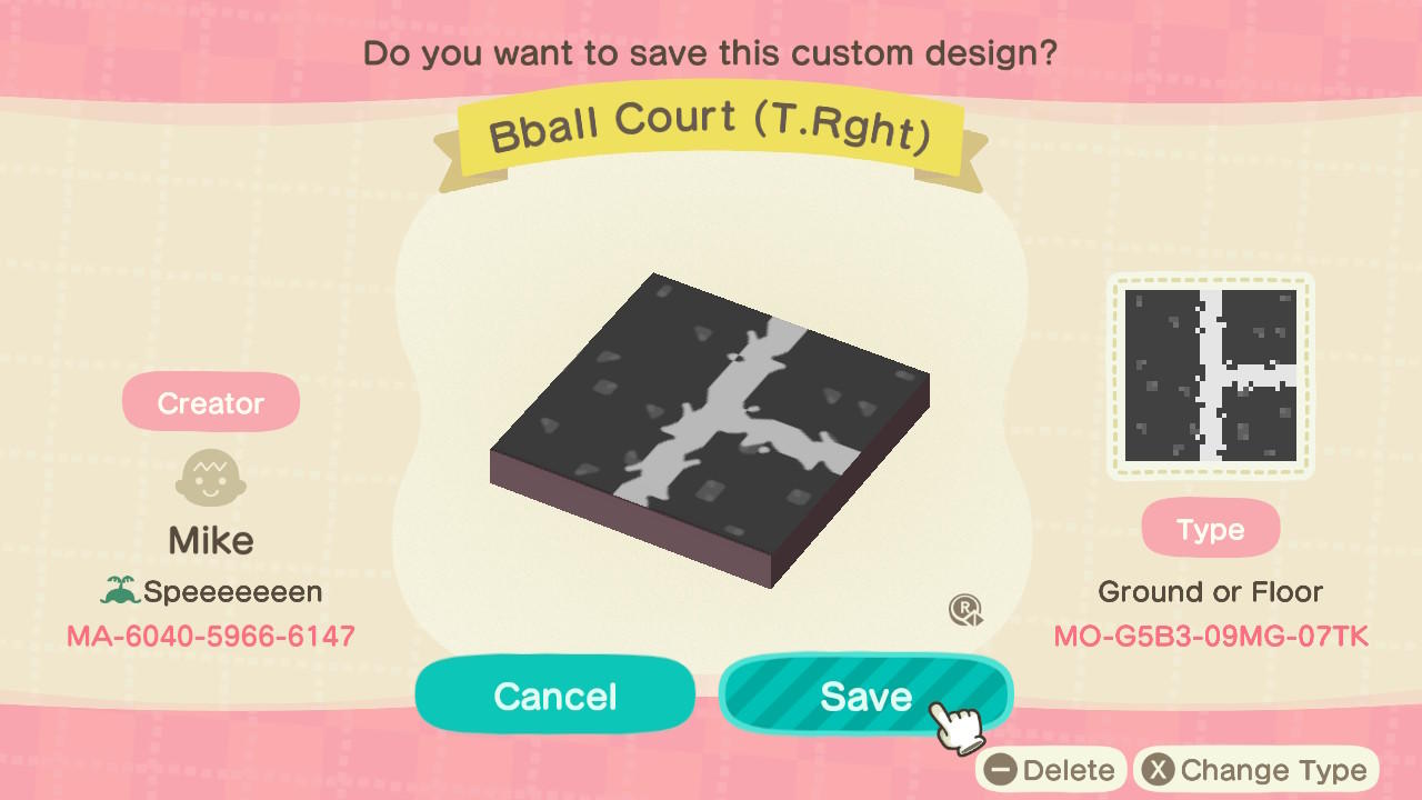 Animal Crossing Design Code: MO-G5B3-09MG-07TK Bball Court (T.Rght)