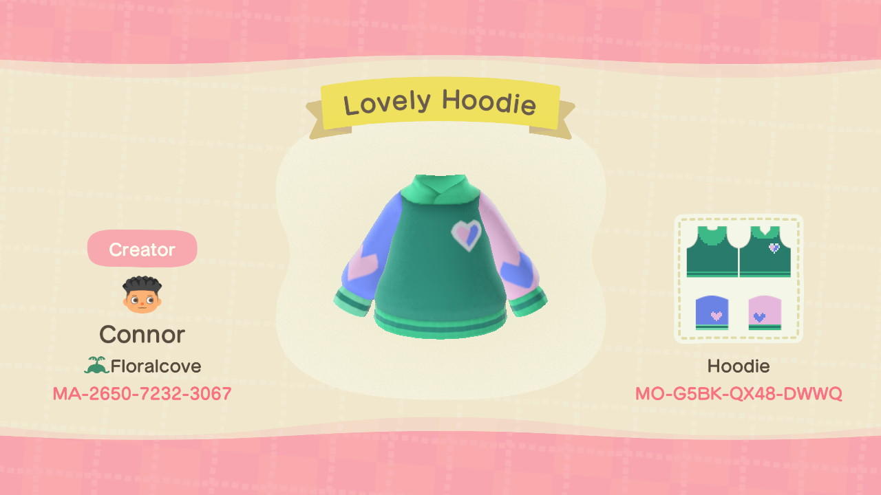 Animal Crossing Design Code: MO-G5BK-QX48-DWWQ Lovely Hoodie