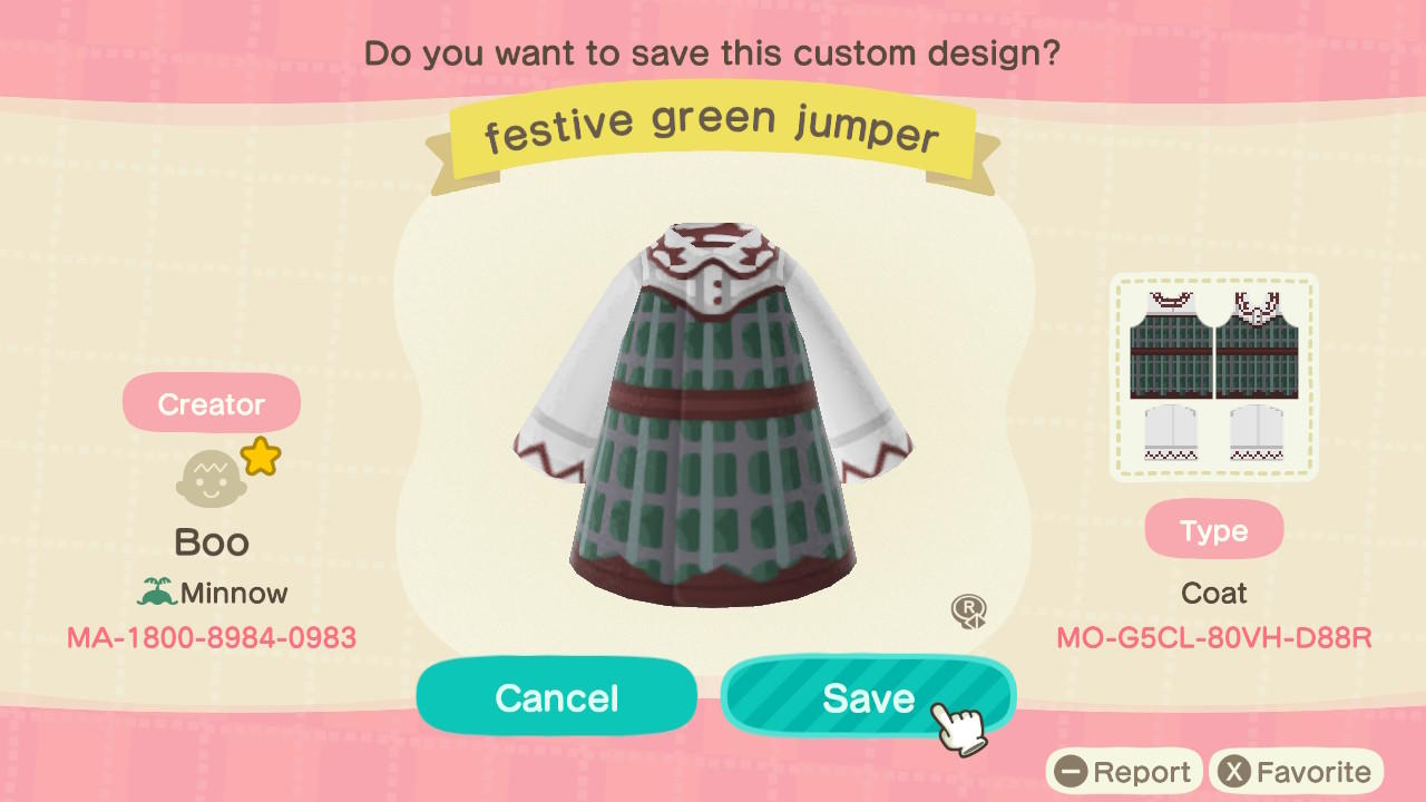Animal Crossing Design Code: MO-G5CL-80VH-D88R Festive Green Jumper
