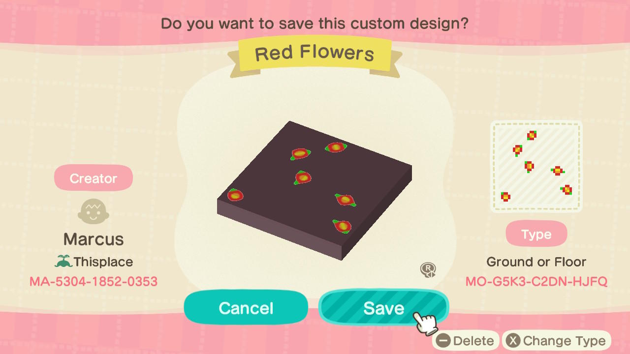 Animal Crossing Design Code: MO-G5K3-C2DN-HJFQ Red Flowers (3)