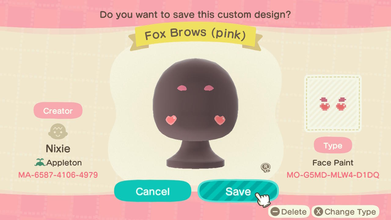 Animal Crossing Design Code: MO-G5MD-MLW4-D1DQ Fox Brows (pink)