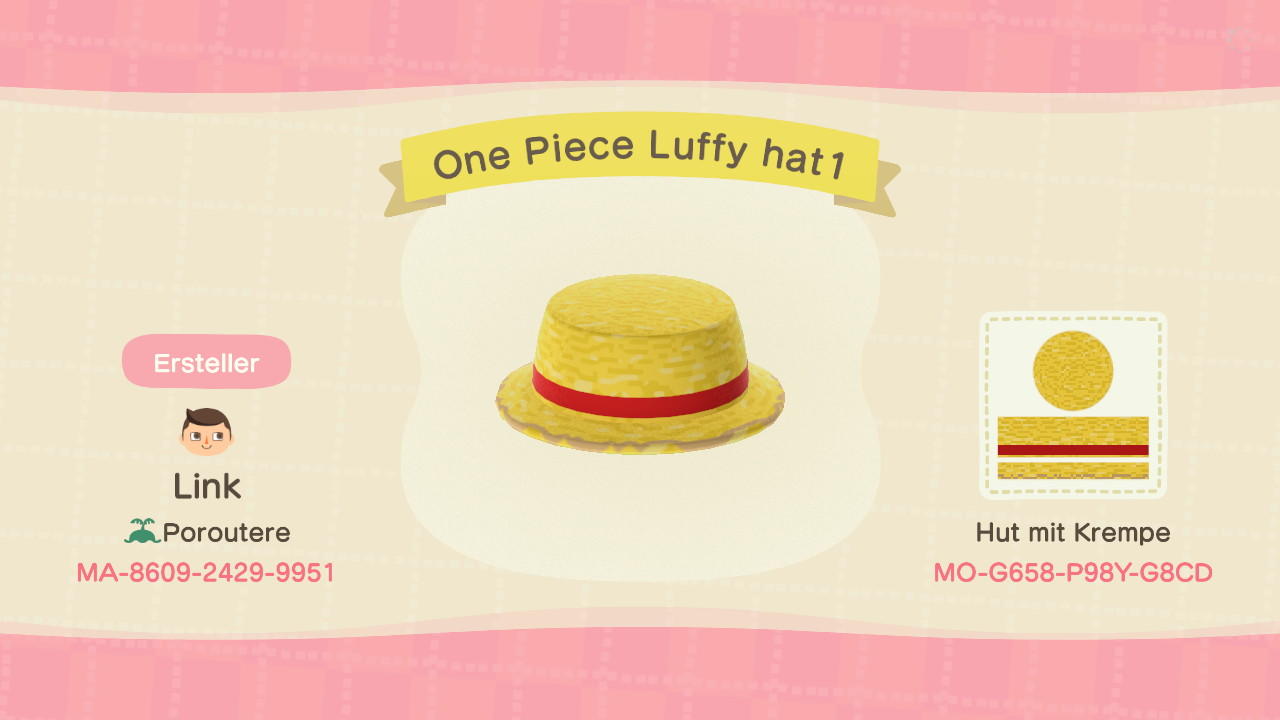 Animal Crossing Design Code: MO-G658-P98Y-G8CD One Piece Luffy hat1
