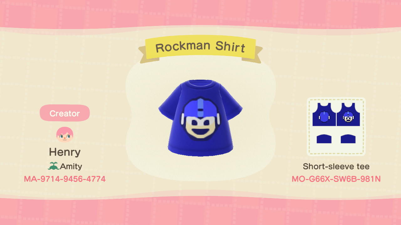 Animal Crossing Design Code: MO-G66X-SW6B-981N Mega Man Shirt