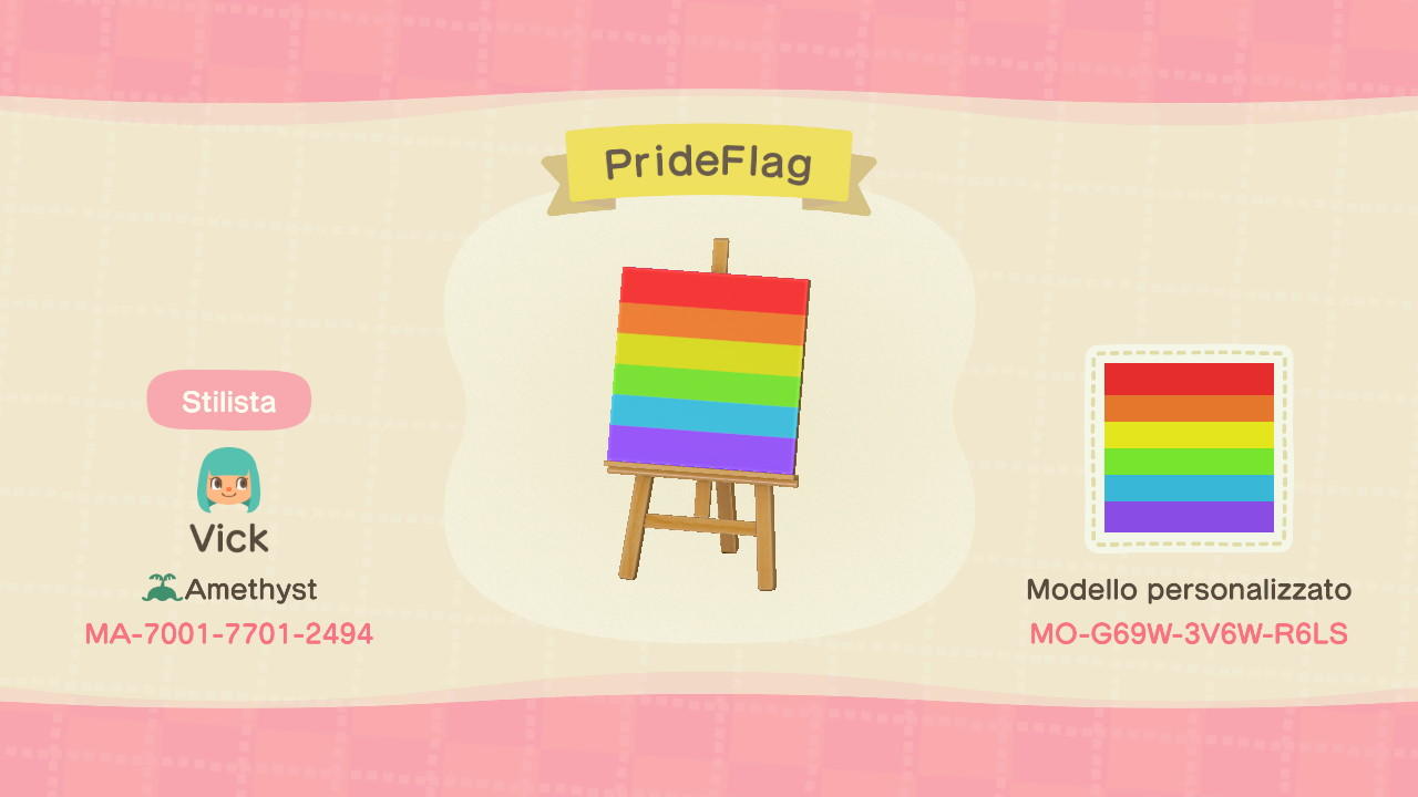 Animal Crossing Design Code: MO-G69W-3V6W-R6LS Pride Flag