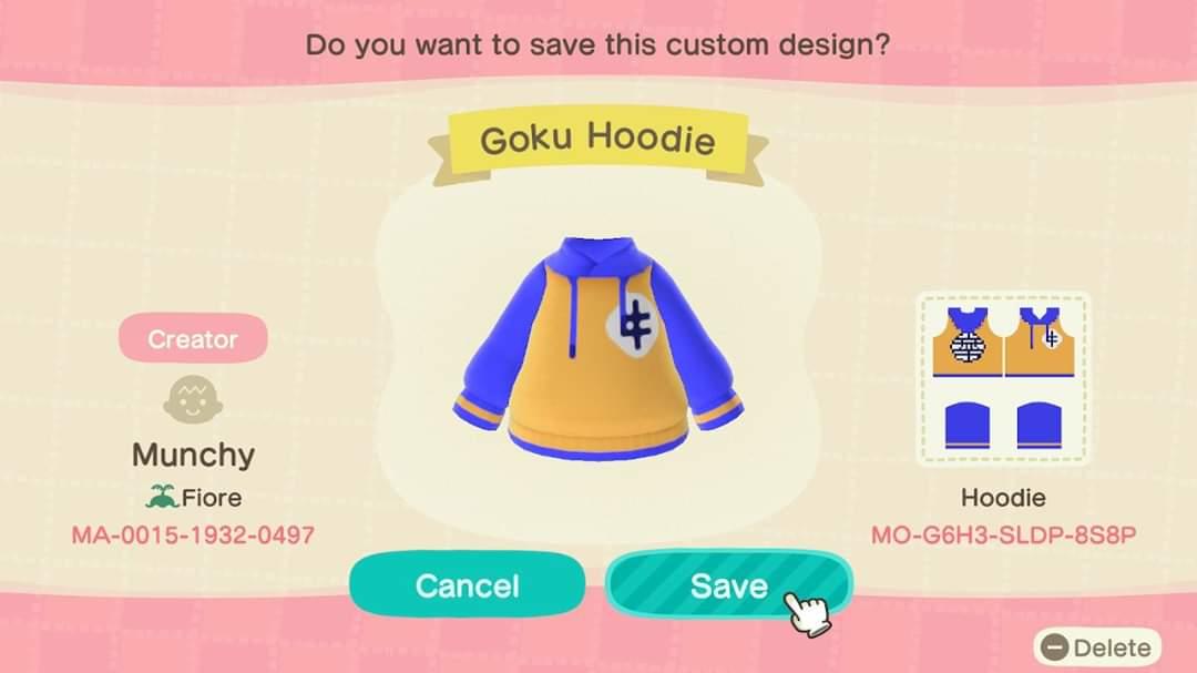 Animal Crossing Design Code: MO-G6H3-SLDP-8S8P Goku Hoodie