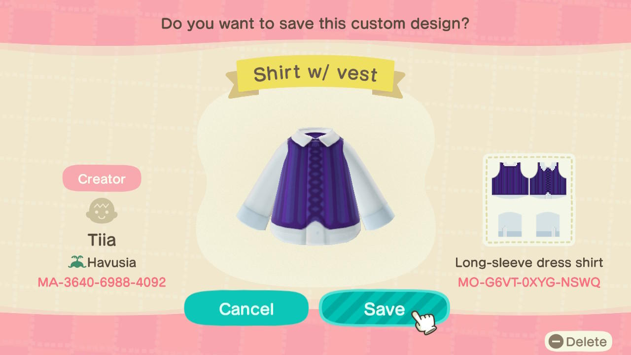 Animal Crossing Design Code: MO-G6VT-0XYG-NSWQ Shirt w/ Vest
