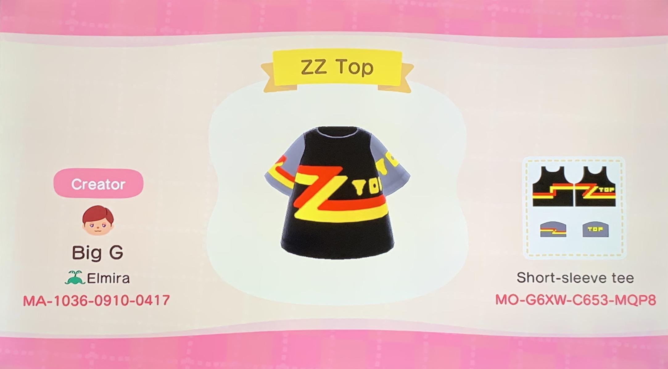 Animal Crossing Design Code: MO-G6XW-C653-MQP8 ZZ Top