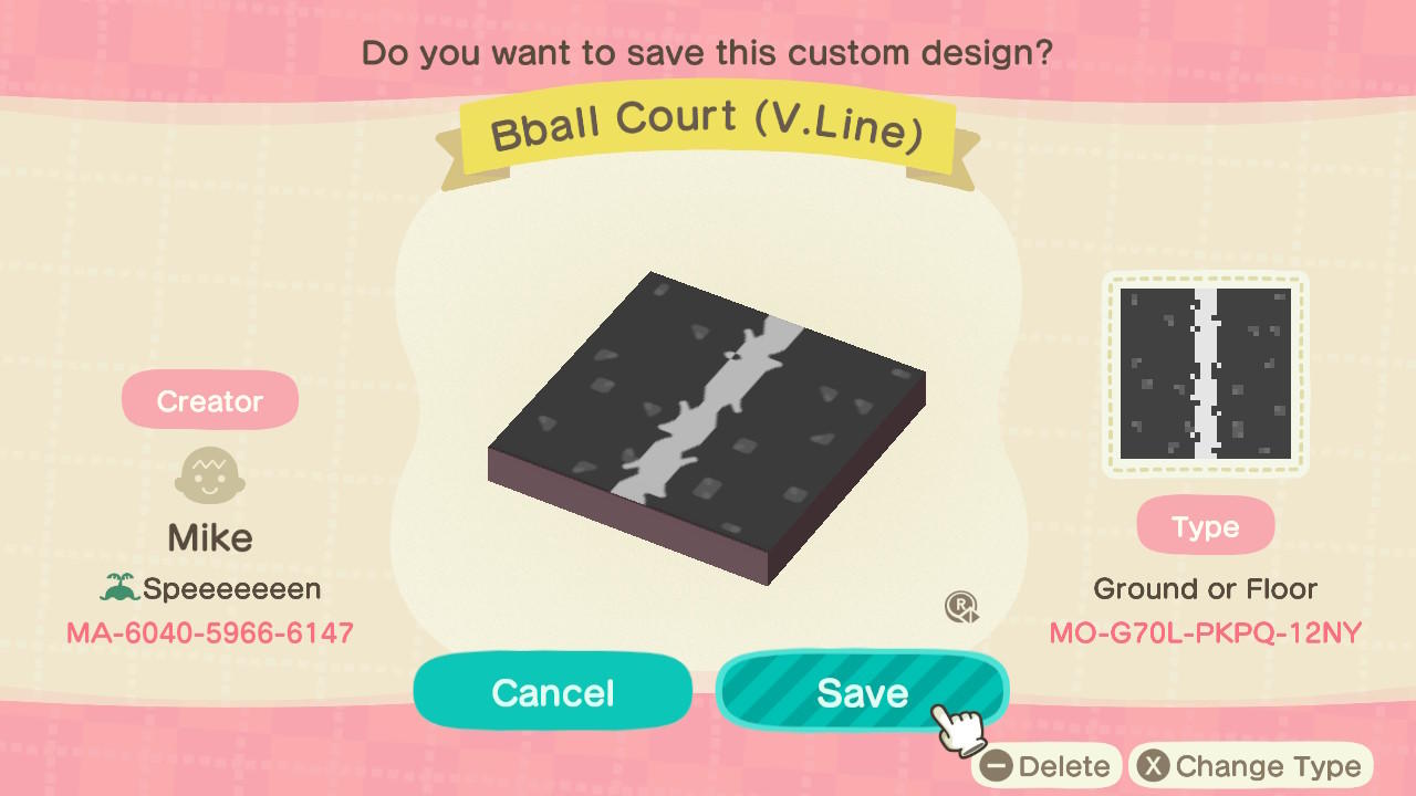 Animal Crossing Design Code: MO-G70L-PKPQ-12NY Bball Court (V.Line)