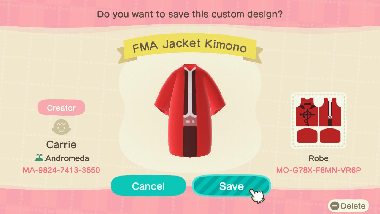 Animal Crossing Design Code: MO-G78X-F6MN-VR6P FMA Kimono