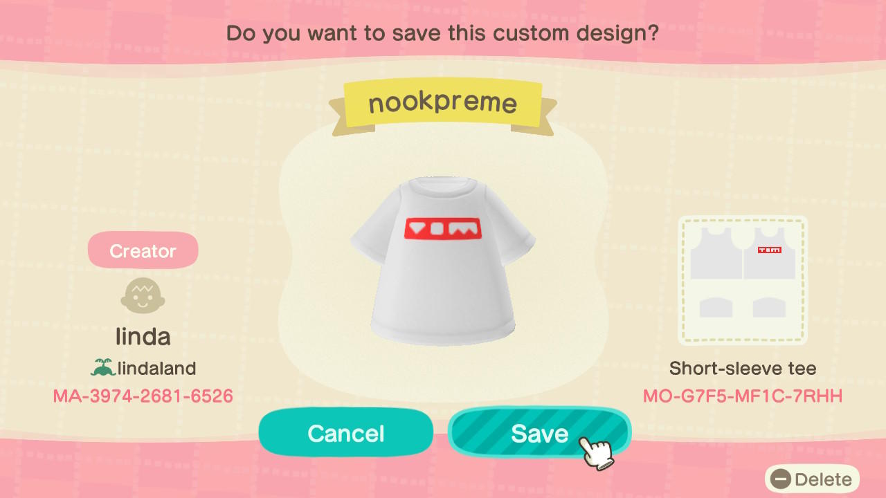 Animal Crossing Design Code: MO-G7F5-MF1C-7RHH Nookpreme Tee