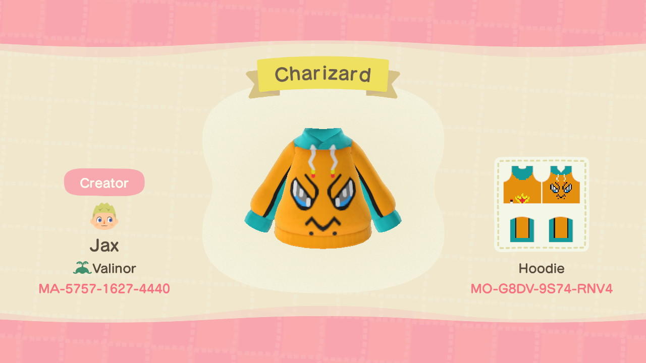 Animal Crossing Design Code: MO-G8DV-9S74-RNV4 Charizard Hoodie