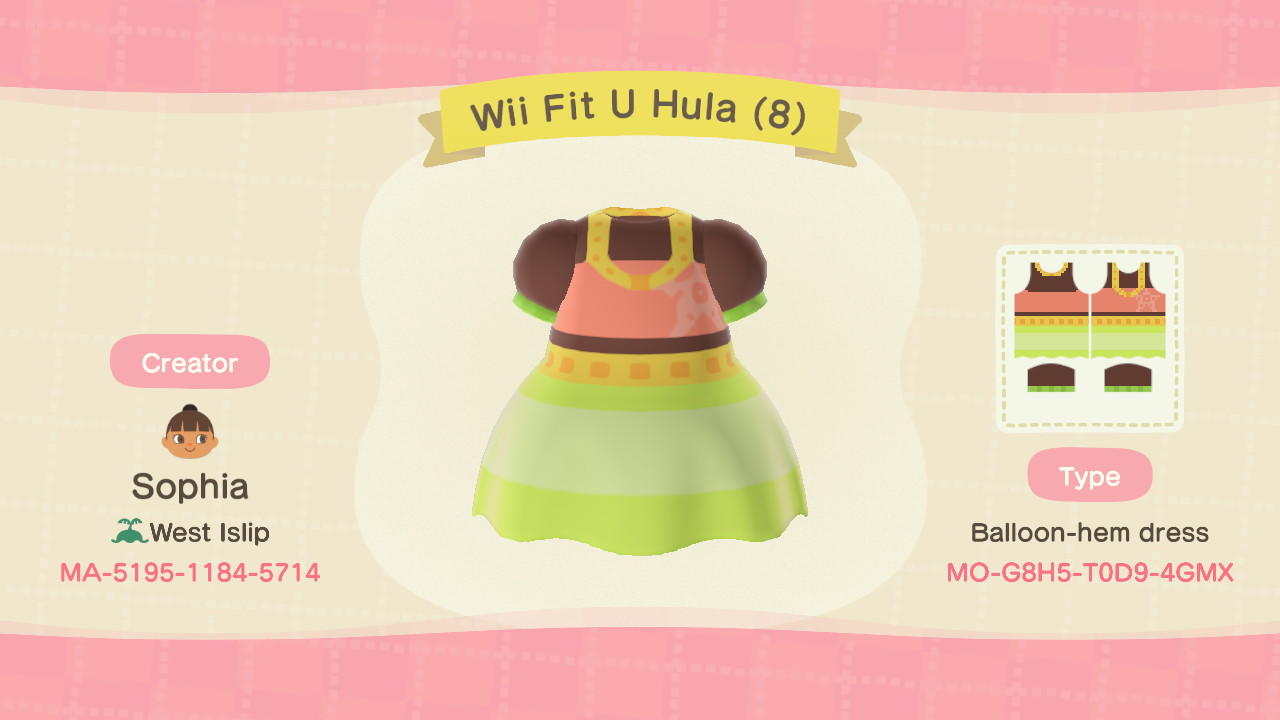 Animal Crossing Design Code: MO-G8H5-T0D9-4GMX Wii Fit U Hula