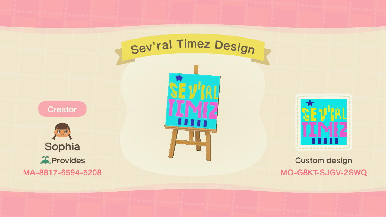 Animal Crossing Design Code: MO-G8KT-SJGV-2SWQ Sev'ral Timez Design