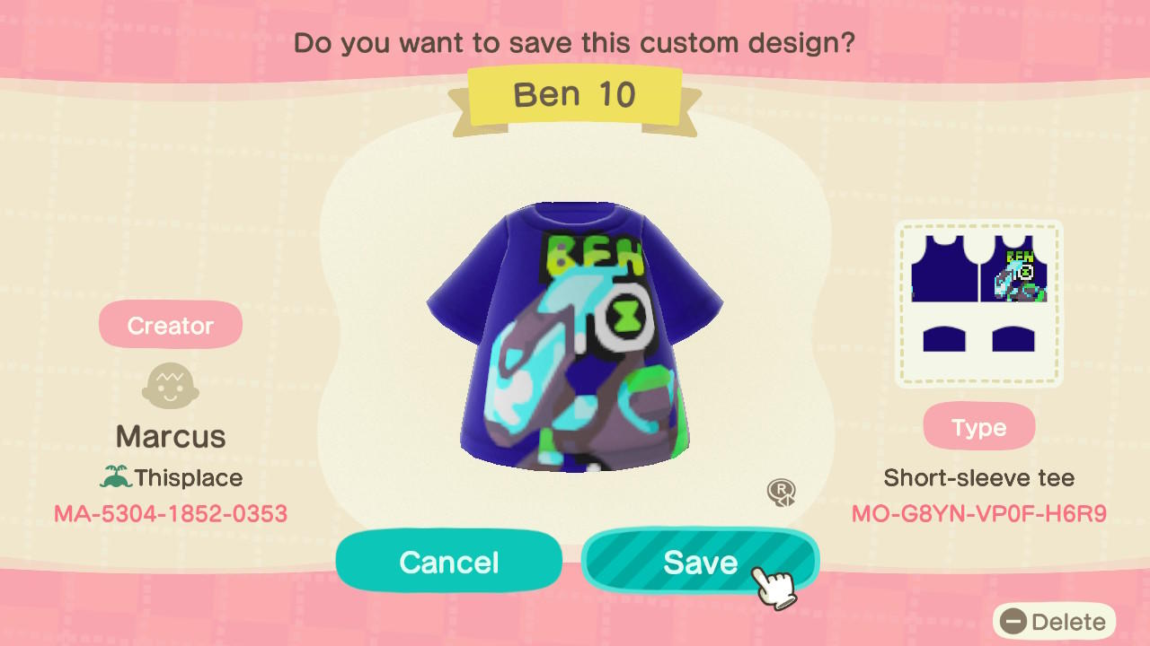 Animal Crossing Design Code: MO-G8YN-VP0F-H6R9 Ben 10 XLR8 Omni