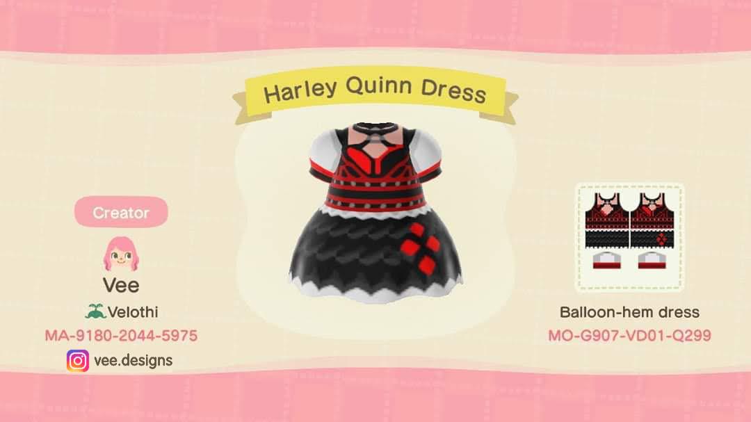 Animal Crossing Design Code: MO-G907-VD01-Q299 Harley Quinn Dress