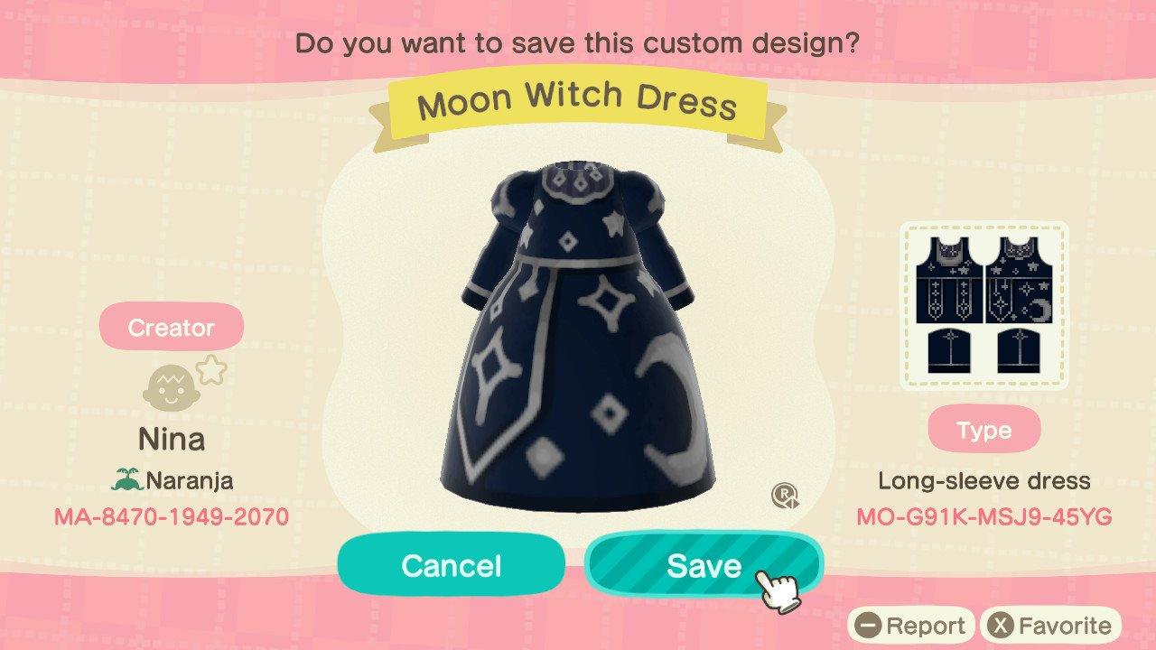 Animal Crossing Design Code: MO-G91K-MSJ9-45YG Moon Witch Dress
